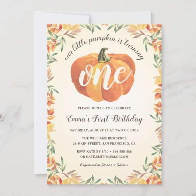 Little Pumpkin Fall Autumn First Födelsedagsfest Inbjudningar (Framsida)