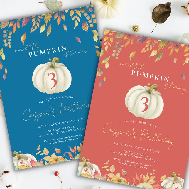 Little Pumpkin Fall Birthday Watercolor Blue Inbjudningar (Skapare uppladdad)