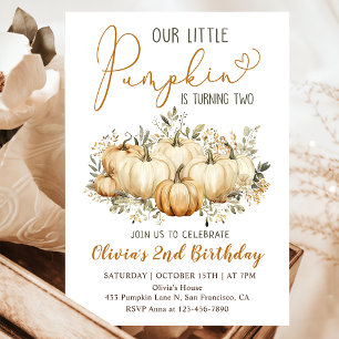 Little Pumpkin Fall Blommigt 2:a födelsedagen Part Inbjudningar