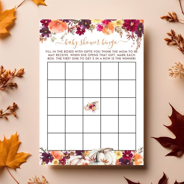 Little Pumpkin Fall Blommigt Baby Shower Bingo Car Inbjudningar (Little Pumpkin Fall Floral Baby Shower Bingo Card)