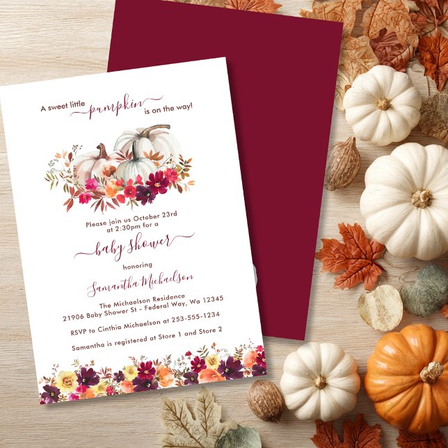Little Pumpkin Fall Blommigt Baby Shower Inbjudningar (Burgundy Little Pumpkin Fall Floral Baby Shower Invitation)