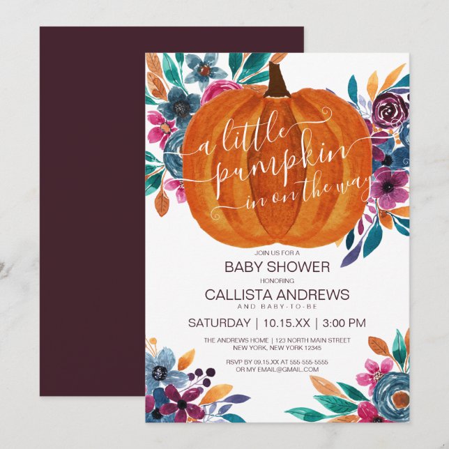 Little Pumpkin Fall Blommigt Watercolor Baby Showe Inbjudningar (Fram/baksida)