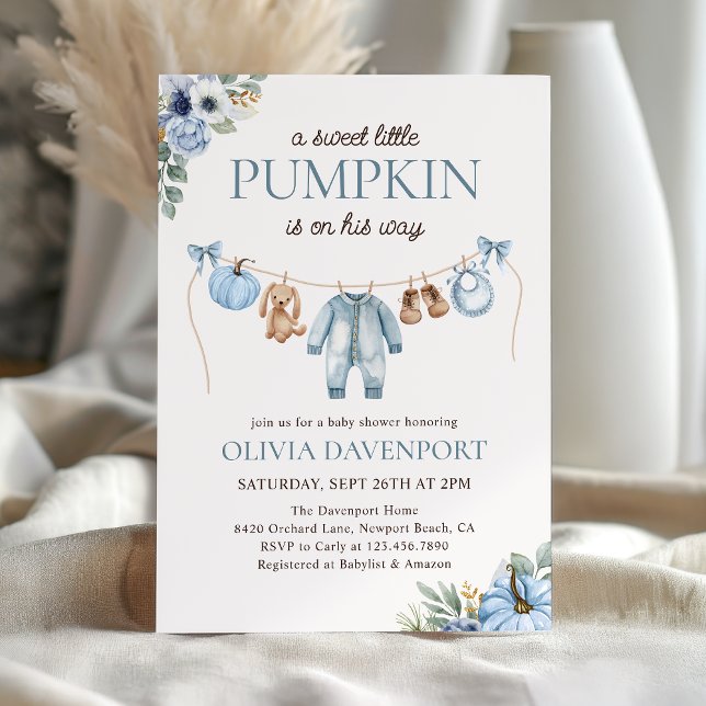Little Pumpkin Fall Blue Blommigt Boy Shower Inbjudningar (Skapare uppladdad)