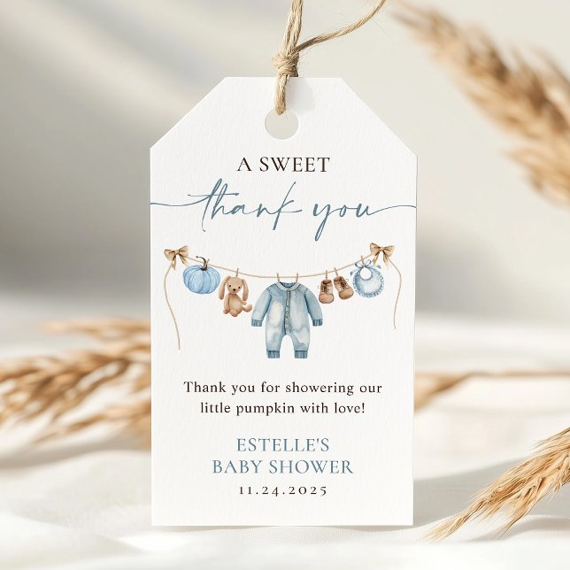 Little Pumpkin Fall Blue Boy Baby Shower Favor Presentetikett (Skapare uppladdad)