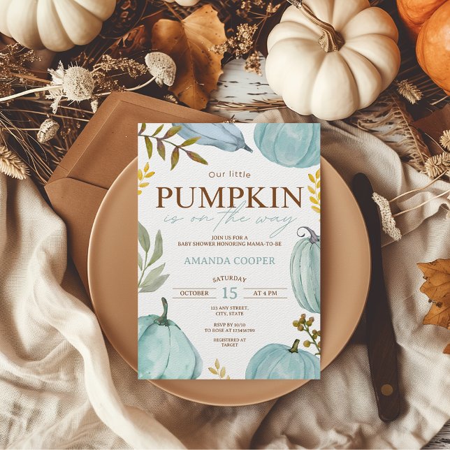 Little Pumpkin Fall Blue Boy Baby Shower Inbjudningar (Out little pumpkin is on the way baby shower invitation boy)