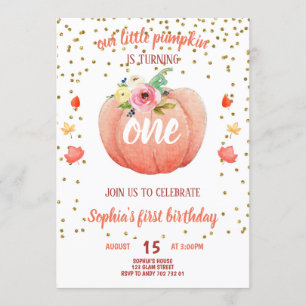 Little Pumpkin Fall First Birthday Girl Guld Inbjudningar
