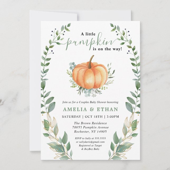 Little Pumpkin Fall Greenery | Par Baby Shower Inbjudningar (Framsida)