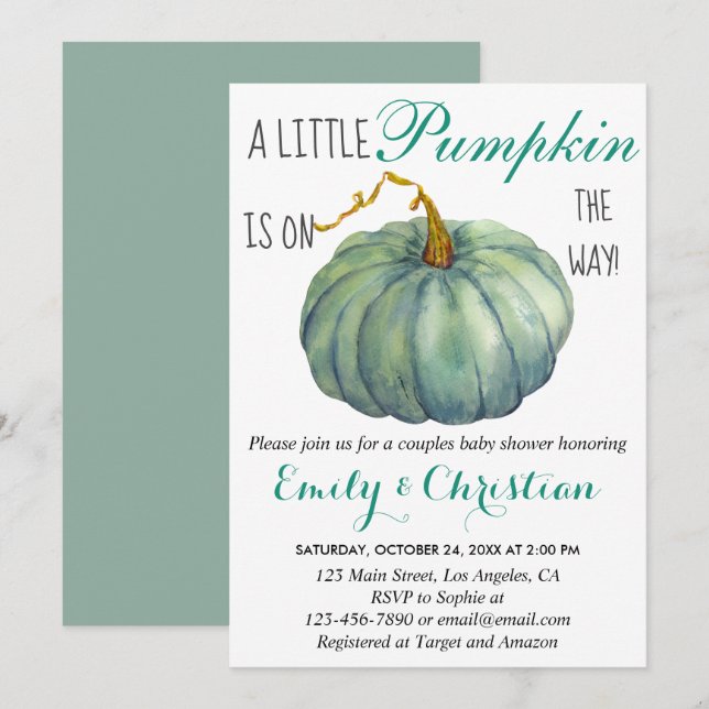 Little Pumpkin Fall Grönt Par Baby Shower Inbjudningar (Fram/baksida)