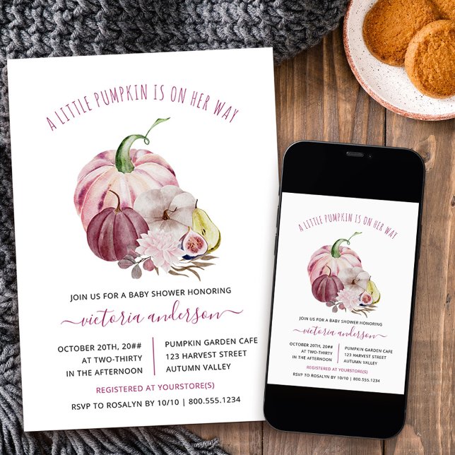 Little Pumpkin Fall Harvest Berry Rosa Baby Shower Inbjudningar (Little Pumpkin fall baby shower invitation from my Little Pumpkin collection)