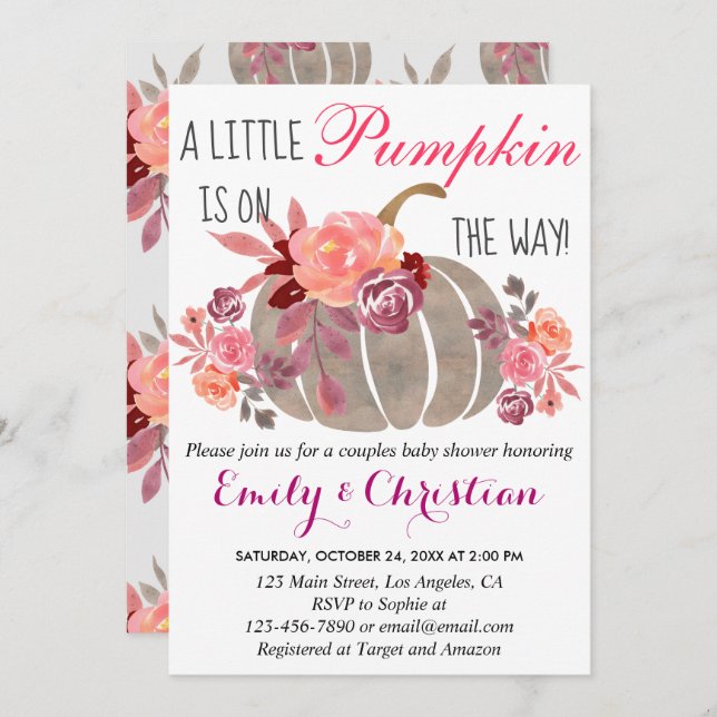 Little Pumpkin Fall Par Baby Shower Blommigt Inbjudningar (Fram/baksida)