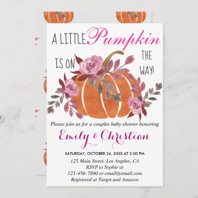 Little Pumpkin Fall Par Baby Shower Blommigt Inbjudningar (Fram/baksida)