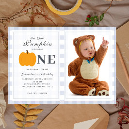Little Pumpkin Fall Pastel Blue 1st Birthday Photo Inbjudningar