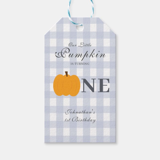 Little Pumpkin Fall Pastel Blue First Birthday Presentetikett (Framsidan)