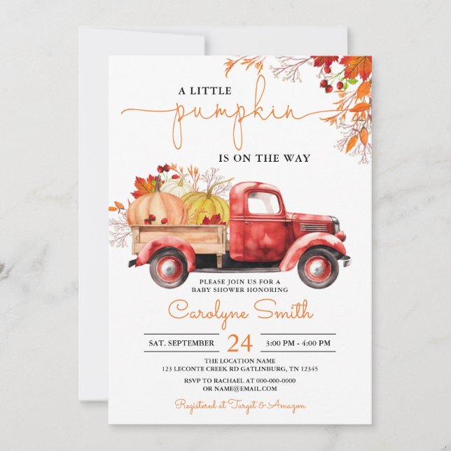 Little Pumpkin Fall Red Lastbil Baby Shower Inbjudningar (Framsida)