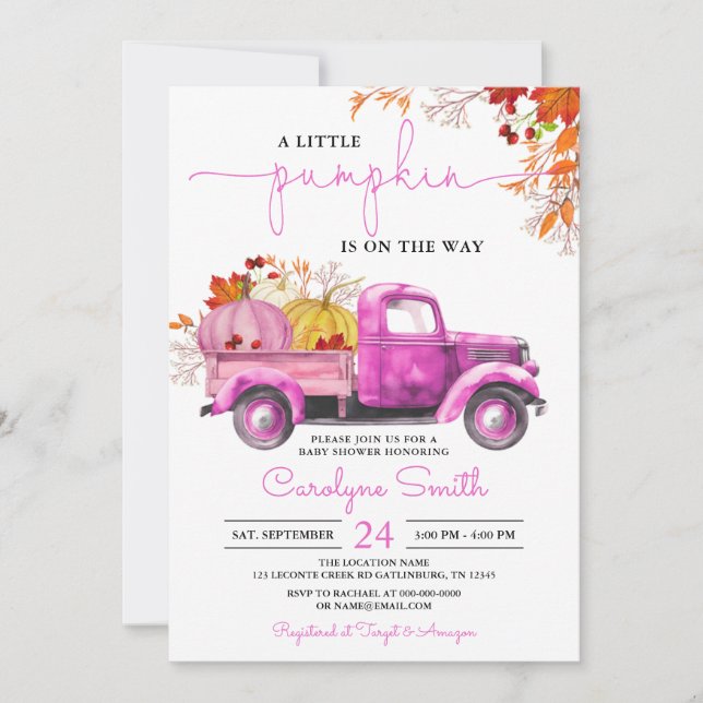 Little Pumpkin Fall Rosa Lastbil Baby Shower Inbjudningar (Framsida)