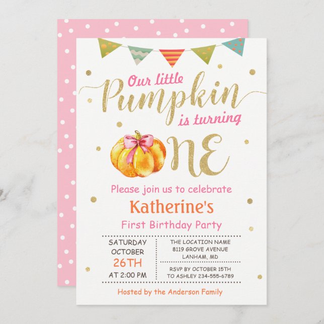 Little Pumpkin Flicka First Födelsedagsfest Inbjudningar (Fram/baksida)