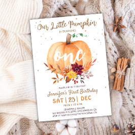 Little Pumpkin Gender Neutral Fall 1:a födelsedage Inbjudningar
