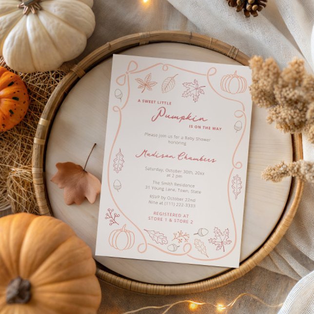 Little Pumpkin Gender Neutral Fall Baby Shower Inbjudningar (Gender Neutral Sweet Little Pumpkin baby shower invitation with hand drawn icons & handwritten font)