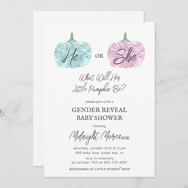 Little Pumpkin Gender Reveal Halloween Baby Shower Inbjudningar (Fram/baksida)