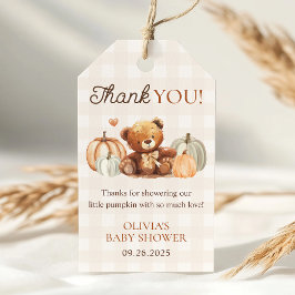 Little Pumpkin Gingham Bear Fall Baby Shower Favor Presentetikett