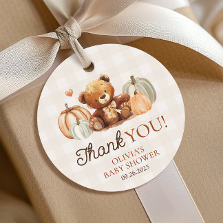 Little Pumpkin Gingham Nalle Fall Baby Shower Gåvor Etiketter
