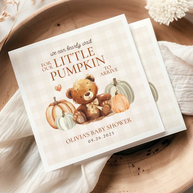 Little Pumpkin Gingham Nalle Fall Baby Shower Pappersservett (Skapare uppladdad)