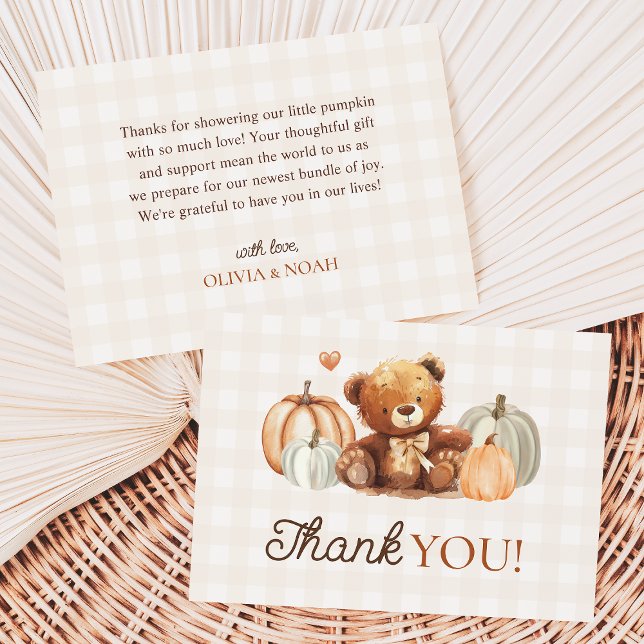Little Pumpkin Gingham Nalle Fall Baby Shower Tack Kort (Skapare uppladdad)