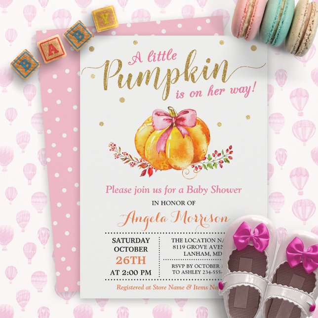 Little Pumpkin Girl Guld Rosa Fall Baby Shower Inbjudningar (Skapare uppladdad)
