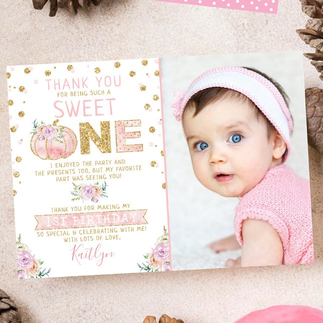 Little Pumpkin Girls 1st Birthday Photo Tack Kort (Skapare uppladdad)