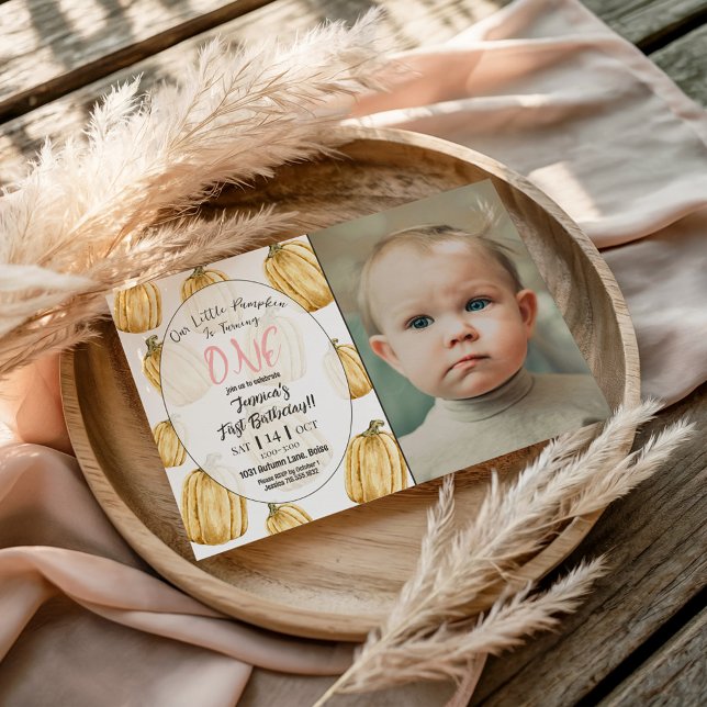 Little Pumpkin Girls Rosa Fall Birthday Photo Inbjudningar (Skapare uppladdad)