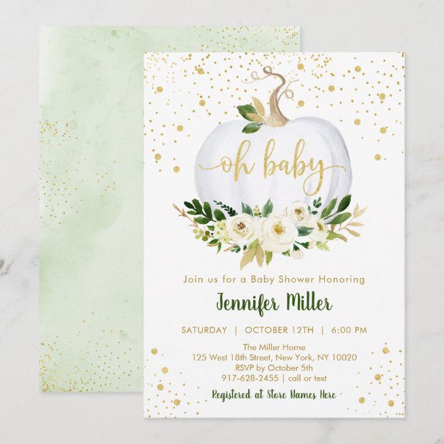Little Pumpkin Greenery Guld Baby Shower Inbjudningar (Fram/baksida)