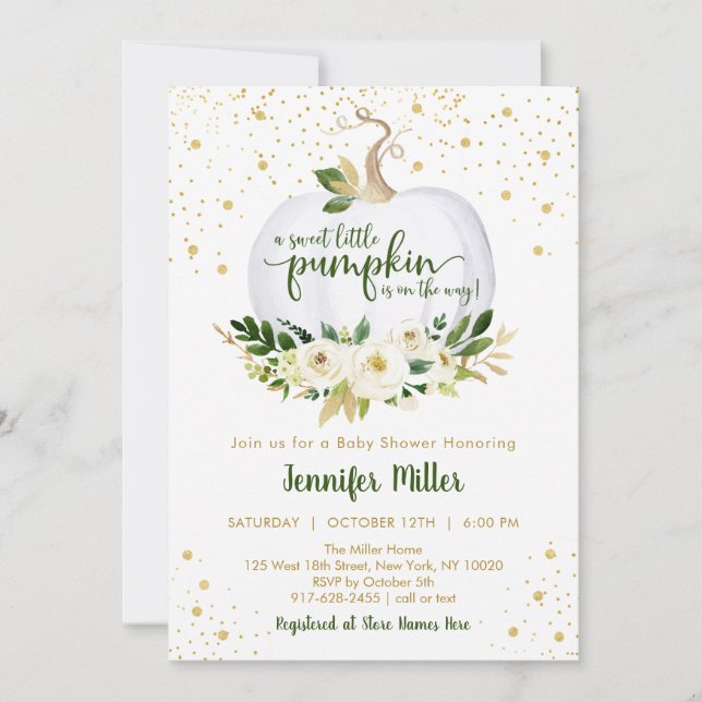 Little Pumpkin Greenery Guld Baby Shower Inbjudningar (Framsida)
