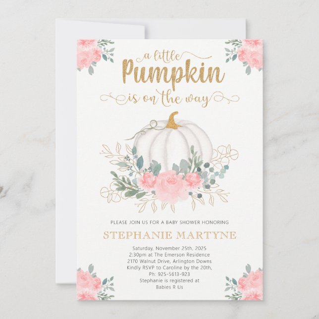 Little Pumpkin Guld Rosa Blommigt Baby Shower Inbjudningar (Framsida)