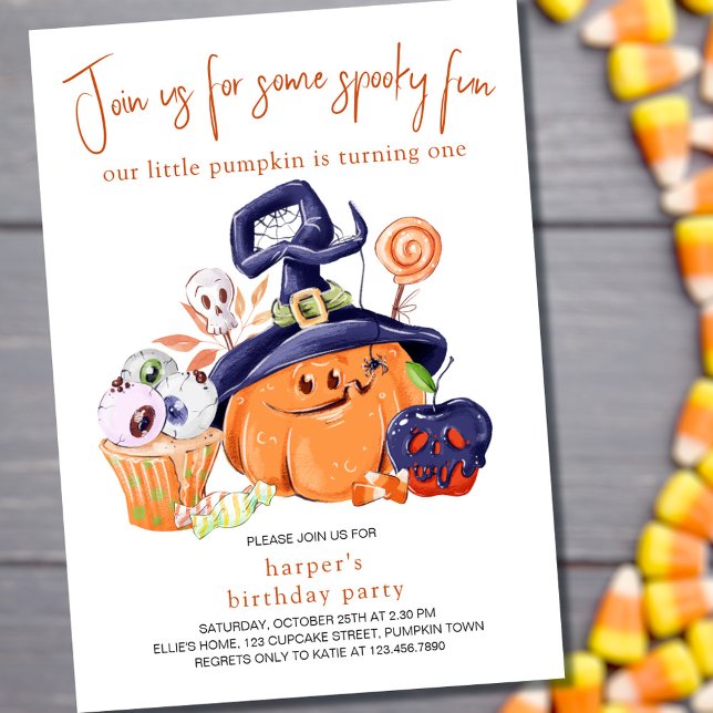 Little Pumpkin Halloween fest Food 1st Birthday Inbjudningar (Skapare uppladdad)