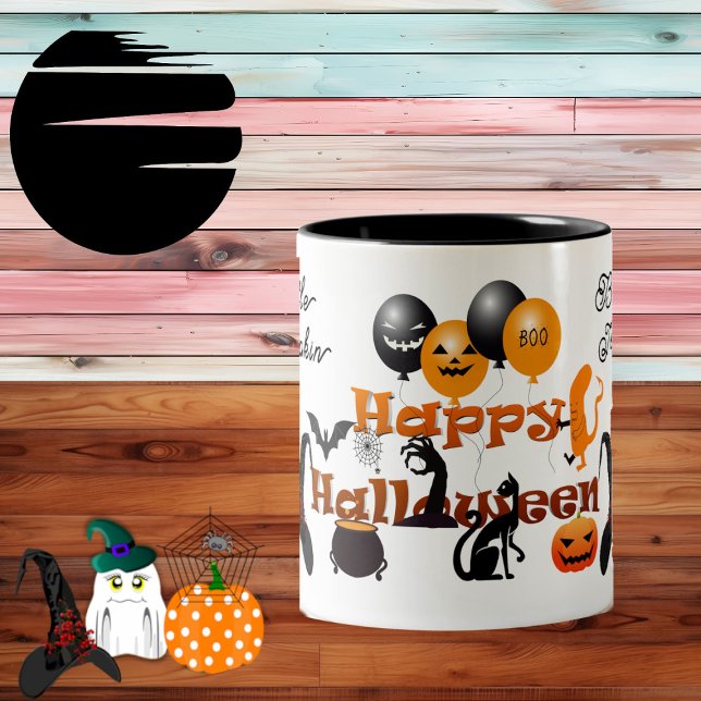 Little Pumpkin Happy halloween Party Balloon Funky Två-Tonad Mugg (Little Pumpkin Happy Halloween Party Balloon Funky Two-Tone Coffee Mug)