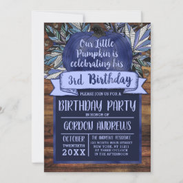 Little Pumpkin Höst löv Navy Blue Wood Birthday Inbjudningar