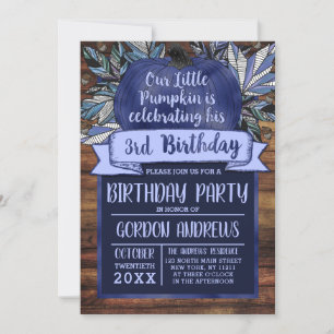 Little Pumpkin Höst löv Navy Blue Wood Birthday Inbjudningar
