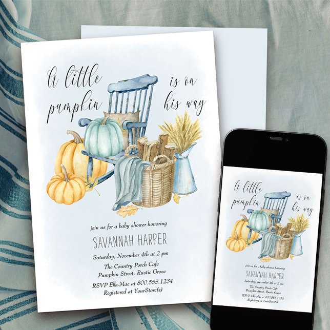 Little Pumpkin Land Porch Boy Shower Inbjudningar (Boy Baby Shower Invitation from my Country Pumpkin collection - availabel printed or as a download)