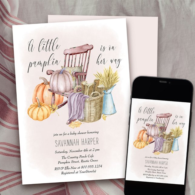 Little Pumpkin Land Porch Girl Shower Inbjudningar (Girl Baby Shower Invitation from my Country Pumpkin collection - availabel printed or as a download)