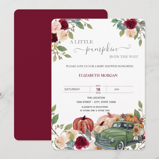 Little Pumpkin Lastbil Burgundy Flowers Baby Showe Inbjudningar (Fram/baksida)