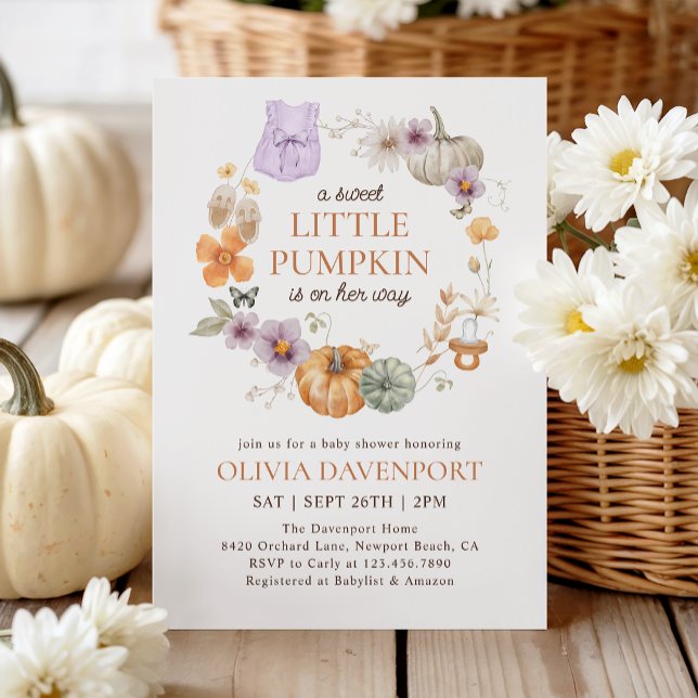 Little Pumpkin Lilac Blommigt Fall Girl Baby Showe Inbjudningar (Skapare uppladdad)