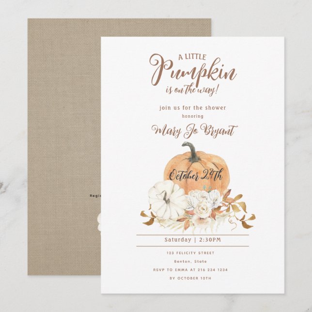 Little Pumpkin Linen & White Pumpkin Baby Shower Inbjudningar (Fram/baksida)