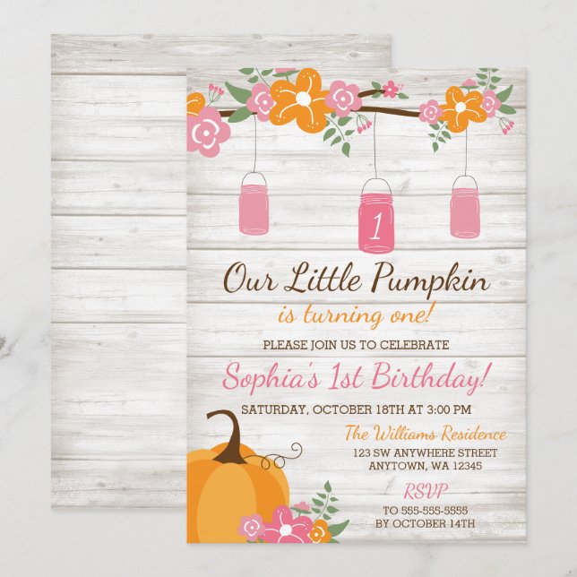 Little Pumpkin Mason Burk Fall Girl First Birthday Inbjudningar (Fram/baksida)
