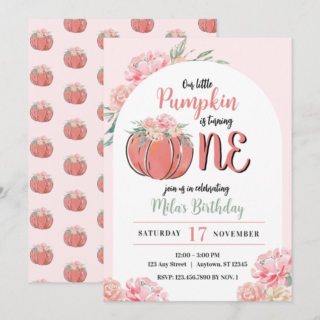 Little Pumpkin Modern Blommigt Girl Fall Birthday Inbjudningar (Fram/baksida)