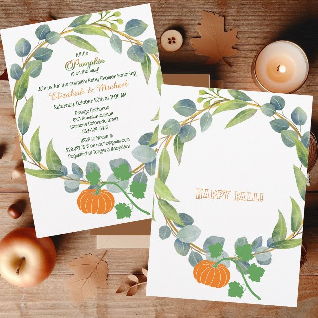 Little Pumpkin Par Baby Shower Greenery Wandey Inbjudningar (A Little Pumpkin Couples Baby Shower Greenery Wreath Invitation)