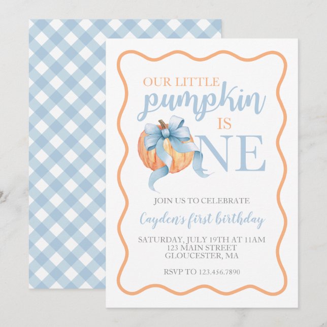 Little Pumpkin Pastel Blue Bow fall 1:a födelsedag Inbjudningar (Fram/baksida)