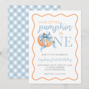 Little Pumpkin Pastel Blue Bow fall 1:a födelsedag Inbjudningar