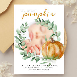 Little Pumpkin Photo Fall Greenery Baby Shower Tack Kort