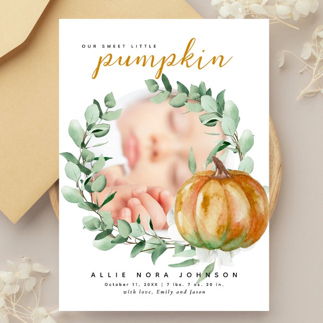 Little Pumpkin Photo Fall Greenery Baby Shower  Tack Kort (Skapare uppladdad)