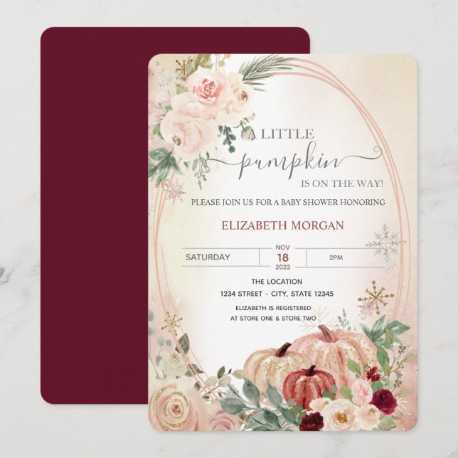 Little Pumpkin Ram Ro Burgundy Baby Shower Inbjudningar (Fram/baksida)